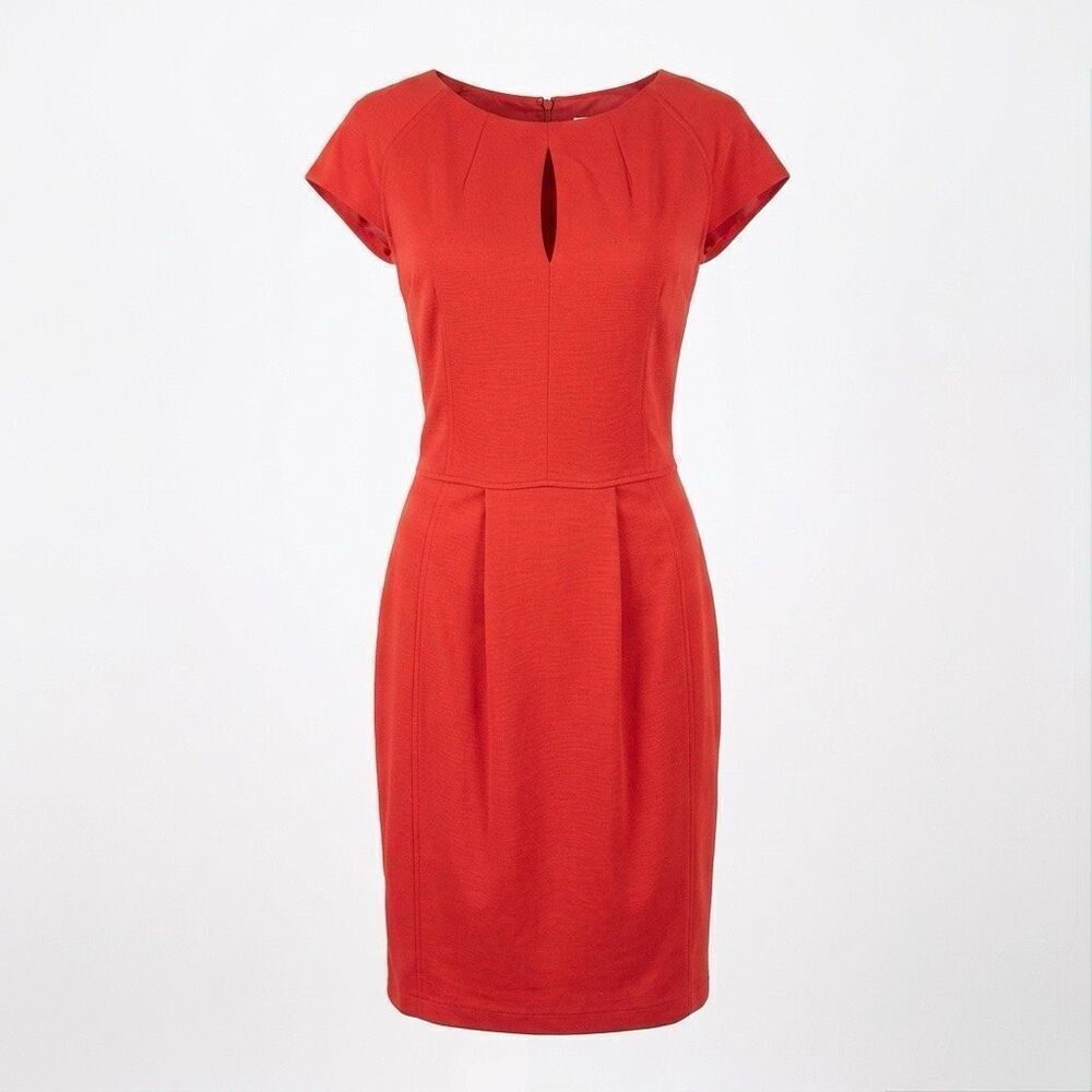 Moschino Cheap & Chic Red Orange Keyhole Sheath Dress Pleated Cap Sleeve 8 Work